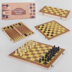 Шахи 3в1, дерев'яна дошка, дерев'яні шахи, в коробці