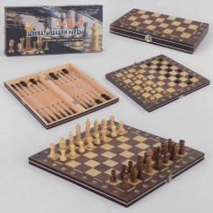 Шахи 3в1, магнітні, дерев'яна дошка, дерев'яні шахи, в коробці