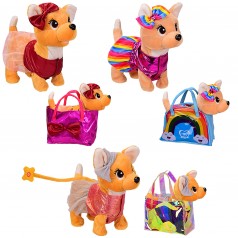 Мягкая игрушка муз собачка на поводке в сумочке, 3 вида, 30*12*24 см, размер сумочки – 21*10.5*15.5см, в п/э