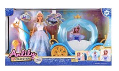 Кукла с каретой подсветкой, высота куклы 30 см, шарнирные конечности, ожерелье, корона, конь с седлом, карета, двери открываются, в кор. /6/