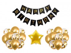 Набор воздушных шаров 17 шт."Happy birthday" (1шт.Звезда*45см+16шт.*30см+растяж. из флажк.5м)золото (40*5)