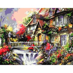 Картина за номерами Будинок біля річки 40х50 см (VA-0219) з лаком та рівнем TM Strateg