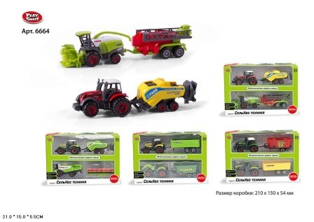 Іграшкова модель трактор/комбайн Play Smart 6664 з причепом, металева, 4 види, 2 шт., у коробці 21*5,5*7,5