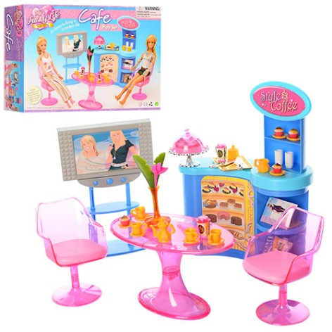 Меблі лялькові кухні, стіл, крісло 2 шт., телевізор, посуд, в коробці, 33-21-7 см