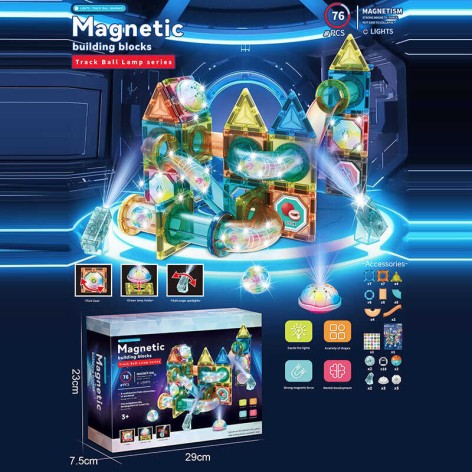 Магнітний конструктор 76 елементів, підсвічування, кульки, наліпки, в кор. 29*23*8см /36-2/