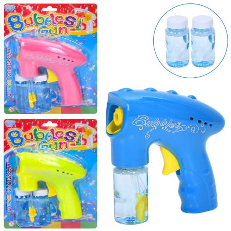 Мильні бульбашки пістолет, 15см, механічний, запаска 2шт 7,5см, 3 кольори, на листі, 21-25-6см 