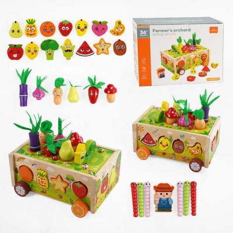 Каталка логічна дерев'яна, сортер, магнітна гра, гра “Грядка з овочами та фруктами”, фігурки 