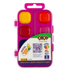 Фарби акварельні, 8 кольорів, пласткова коробка, без пензлика, рожевий