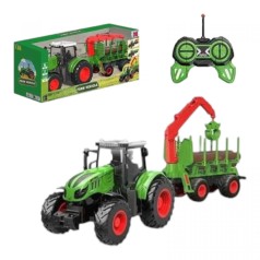 Трактор на радіокеруванні довжина 42 см, масштаб 1:24, гумові шини, навісне обладнання, причіп, 3 шматки деревини, акумулятор 3.7 V, пульт керування, в коробці
