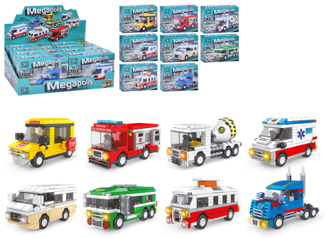 Конструктор спецтранспорт, от 92 до 102 дет,(8 видов), /8/64/по 8шт в дисплее, 38-19,5-14,5см