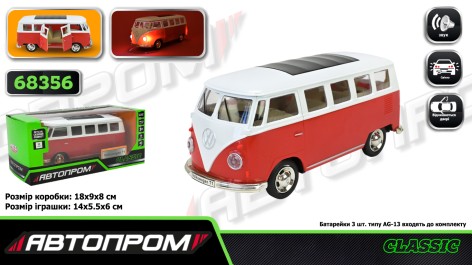 Машина мет. АВТОПРОМ 1:30 Volkswagen T1, батар,свет,звук,откр. дверь,кор. 18*9*8см 