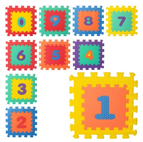 Килимок Мозаїка цифри, 10 деталей (31,5-31,5-1 см), 6 текстур, масаж, пазл, мікс кольорів, 32-32-10 см