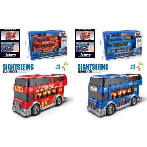 Автобус инерция, двухэтажный, 15см, 1:24, звук, свет, резиновые колеса, 2 цвета, на бат(табл), в кор-ке, 18-12-8,5см /36/