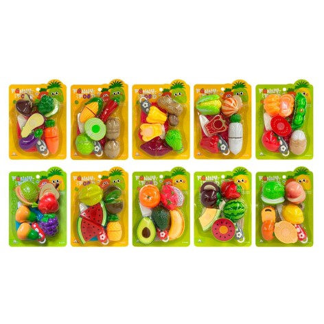 Продукты на липучке, доска, нож, 10 видов(овощи, фрукты), на листе, 17-24-5см /60/