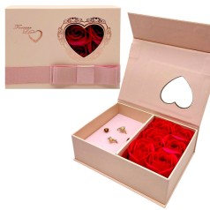 Набір прикрас, магнітна застібка, 2 каблучки, сережки, бутони троянди, листівка, паперовий пакет, в коробці