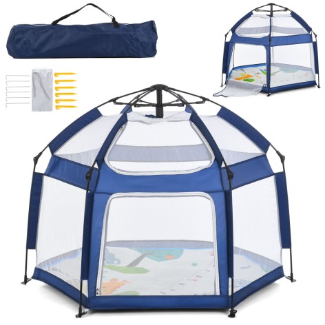 Намет автоматичний, каркасний, 146-127-в110см, вхід-застібка-блискавка, стіни-сітки, килимок 136-114см, синій, в кор-ці, 78-21-18см 