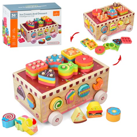 Дерев'яна іграшка центр розвиваючий машина 21,5-16-в11,5см, сортер, фігури (солодощі), геометрика (18дет), в кор-ці, 22,5-16,5-9,5см 