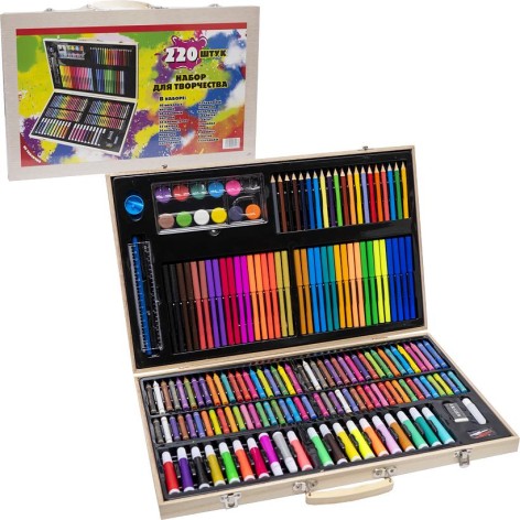 Художественный набор для рисования 220 предметов в деревянном кейсе 47*30 см
