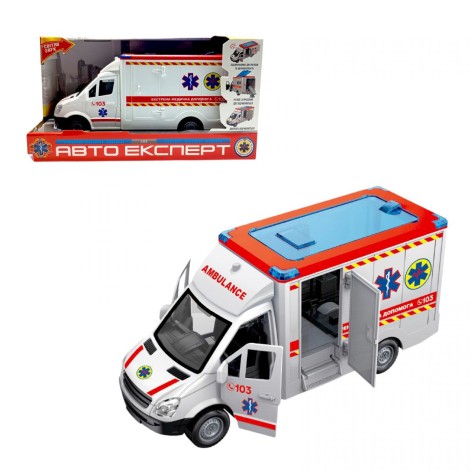 Машинка "Швидка допомога", ОЗВУЧ УКР МОВОЮ,  інерція, звук, підсвіч, вірші, пісні, двері, та дах відчиняються, в коробці