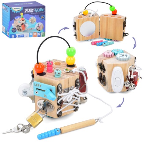 Бізікуб вмикач, колесо,рухливі деталі, магнитна гра (гусениця 4шт), дзвіночок, шестерні, замок+ключ, шнурівка, в кор-ці, 15-12,5-12,5см 