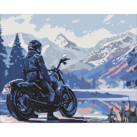 Алмазная мозаика "Мотоциклист в горах" 50х40 см