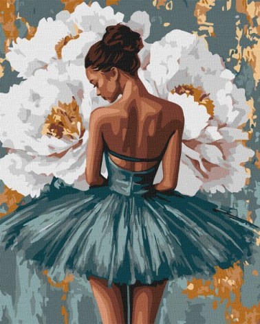 Картина по номерам - "Балерина с белыми пионами" с красками металлик ©art_selena_ua, 40х50см