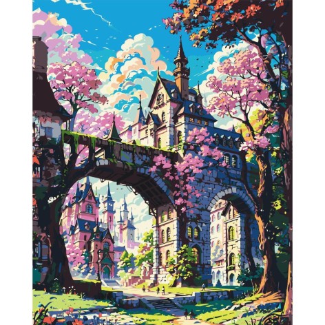 Картина за номерами Казковий замок у сакурі 40*50 см Орігамі LW 3331