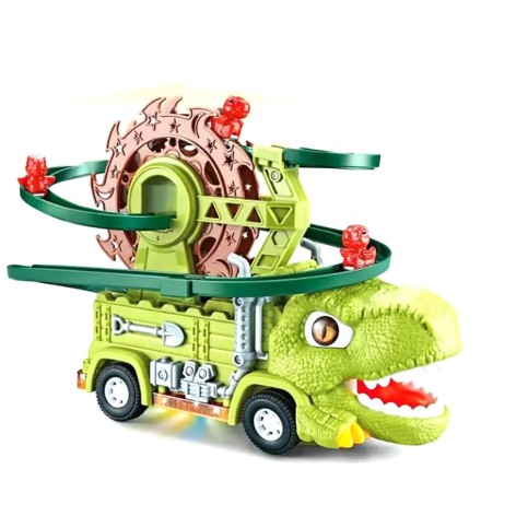 Трек-машинка Динозавр автоматичний підіймач, 3 машинки. колесо вільного ходу, підсвічування, звуки, мелодія, в коробці