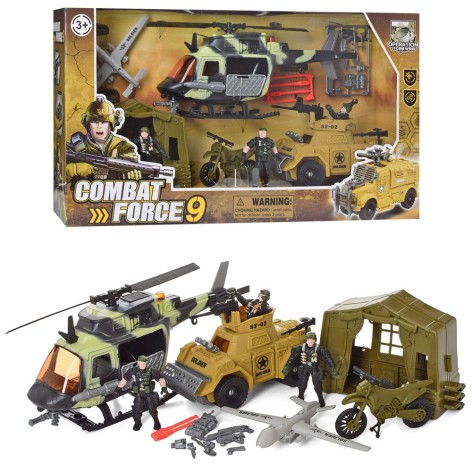 Набір з транспортом военн.машина20см,вертоліт32см,мотоцикл,намет, кор,60-33-12см 