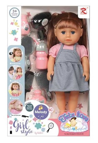 Лялька висота 35 см, музичний чип, п’є, ходить на горщик, фен, пляшечка, гребінець, щіточка для розчісування, дзеркало, знімний одяг, знімне взуття, в кор. 