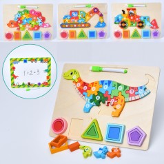 Дерев'яна іграшка Пазли  ігрове поле 30-22,5см, 15дет, 2в1(дошка для малювання маркером), геометрика, геометричні фігури, маркер, мікс видів (транспорт, динозаври), у п/е, 30-22,5-1,5см 