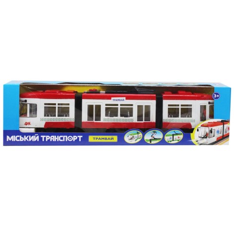 Трамвай игрушечный 4D со светом и звуком красный пластиковый (K1114)