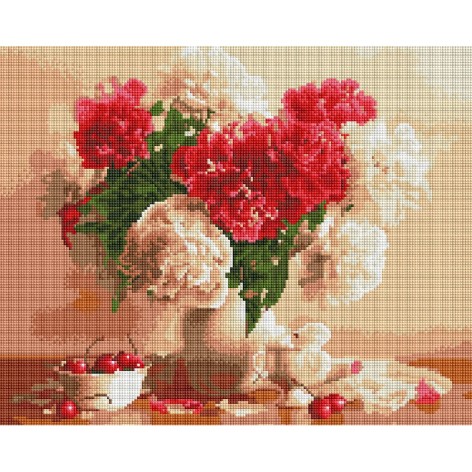 Алмазная мозаика: Красно-белые пионы и вишни