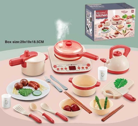 Набір посуду КОЛІР ЧЕРВОНИЙ, плитка на батар., кришка з парогенератором, звук, підсвічування, у кор. 
