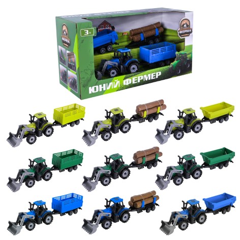 Инерционный трактор с 2 прицепами и колодами 