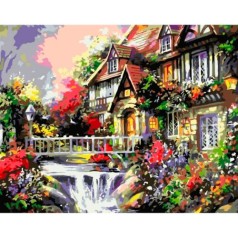 Картина за номерами Будинок біля річки Strateg з лаком та рівнем розміром 40х50 см (VA-0219)