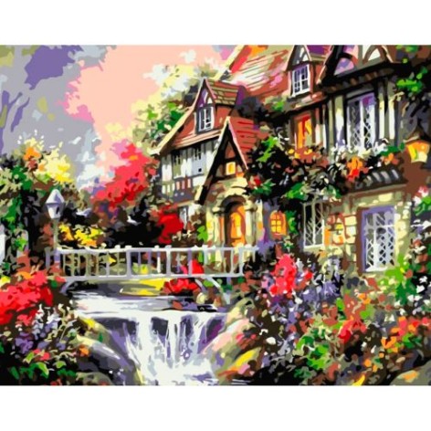 Картина за номерами Будинок біля річки Strateg з лаком та рівнем розміром 40х50 см (VA-0219)