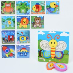 Дерев'яна іграшка Пазли 12 видів (тварини, транспорт, метелик, качка, риба, жаба), у п/е, 14,5-14,5-1см 