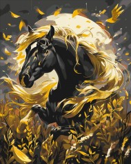 Картина по номерам Животные. Черная лошадь с красками металлик 40*50 см Оригами LW 4070