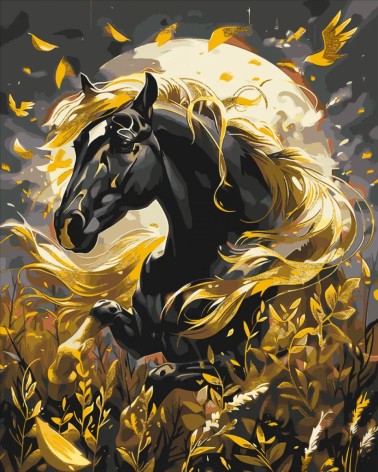 Картина по номерам Животные. Черная лошадь с красками металлик 40*50 см Оригами LW 4070