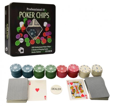 Настольная игра покер, карты - 2 колоды, 100 фишек (с номиналом), в коробке (металл), 20-20-5 см
