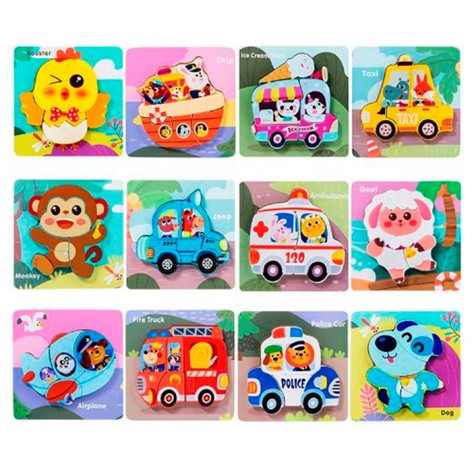 Дерев'яна іграшка Пазли 12 видів (транспорт, тварина), у п/е, 15-15-1,5см 