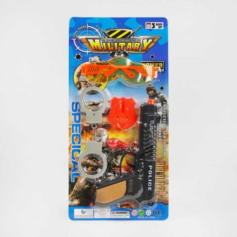 Поліцейський набір пістолет з тріскачкою, наручники, жетон, окуляри, свисток, на листі  /168-2/