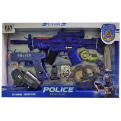 Ігровий поліцейський набір з автоматом, зі світлозвуковими ефектами, пістолет зі звуком, кобура, свисток, наручники, годинник, ніж