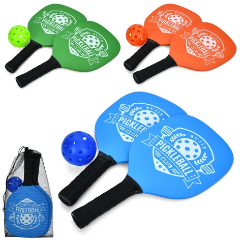 Ракетка пиклбол, ракетка детская 2шт (дерево, 38см), мяч 1шт (пластик, 7см), 3 цвета, в сетке, 41-20-7см 