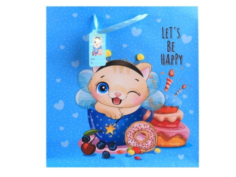 Пакет подарунковий паперовий, 35х37х12 см, паперовий крейдований, 140г/м2 + матова ламінація, 2 пухнасті помпони 4 шт. в уп.