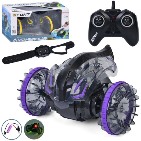 Машинка на радиоуправлении 19,5 см трюковая с двумя пультами (1 браслет на руку), свет, USB-зарядное, 2 цвета