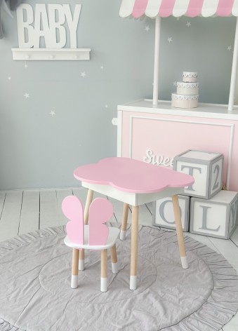 Столик хмаринка з нішею 54х68х50 і стільчик спинка в формі метелика 26.5х26х25, стіл та стілець в дитячу, рожевий з білим