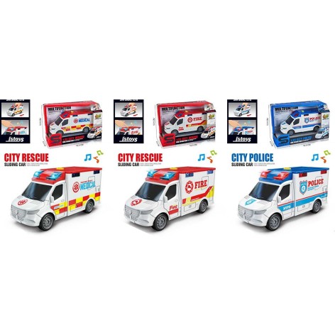 Транспорт спецслужб інерція, 15,5см, 1:24, звук, світло, гумові колеса, 3 види (поліція, швидка допомога, пожежна машина), на бат(табл), в кор-ці, 18,5-12,5-8,5см /36/