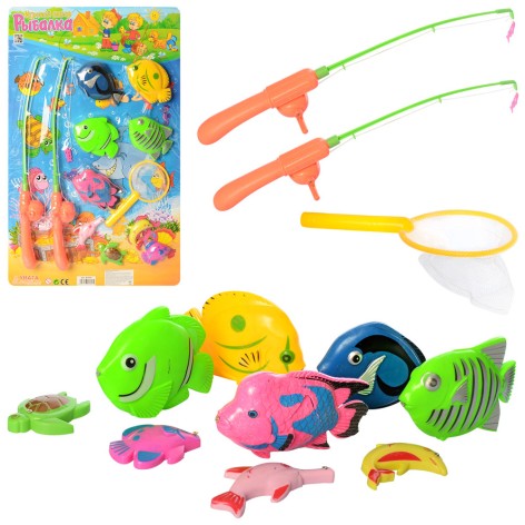 Рибалка 2 вудки з магнітом, сачок, 9 морських мешканців, на листі, 36-58см 